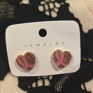 Pink Ribbon Breast cancer Heart shaped Stud Earrings NEW